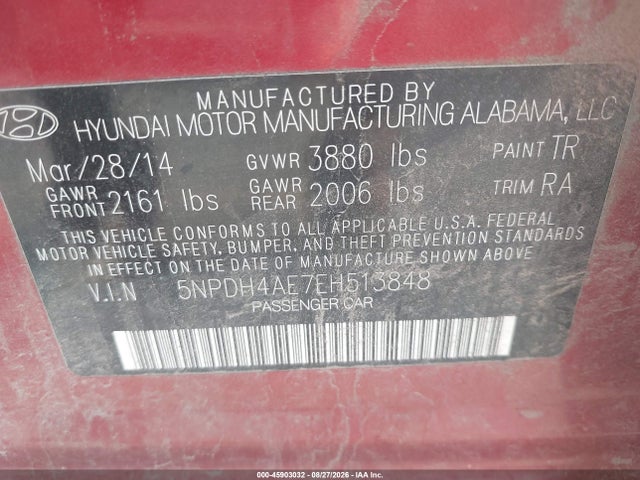 2014 Hyundai Elantra Se მანქანა იყიდება აუქციონზე, vin: 5NPDH4AE7EH513848, აუქციონის ნომერი: 45903032