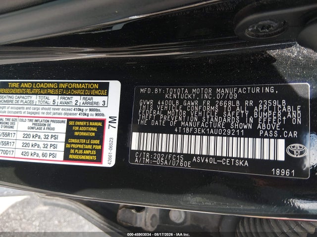 2010 Toyota Camry Se მანქანა იყიდება აუქციონზე, vin: 4T1BF3EK1AU029211, აუქციონის ნომერი: 45903034