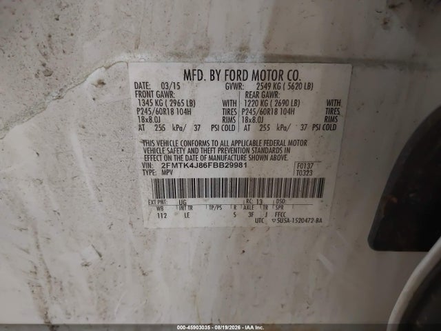2015 Ford Edge Sel მანქანა იყიდება აუქციონზე, vin: 2FMTK4J86FBB29981, აუქციონის ნომერი: 45903035