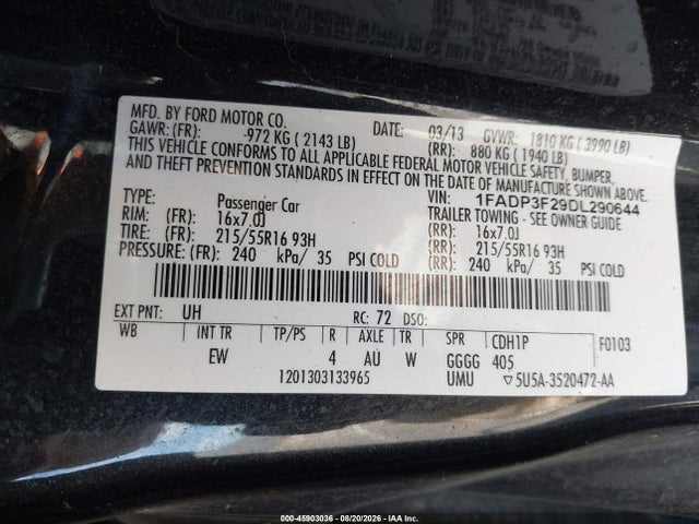 2013 Ford Focus Se მანქანა იყიდება აუქციონზე, vin: 1FADP3F29DL290644, აუქციონის ნომერი: 45903036