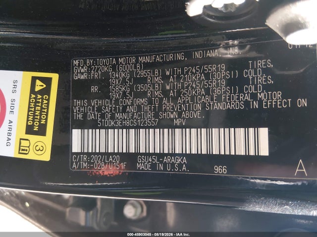 45903045 :رقم المزاد ، 5TDDK3EH8CS123557 vin ، 2012 Toyota Highlander Limited V6 مزاد بيع