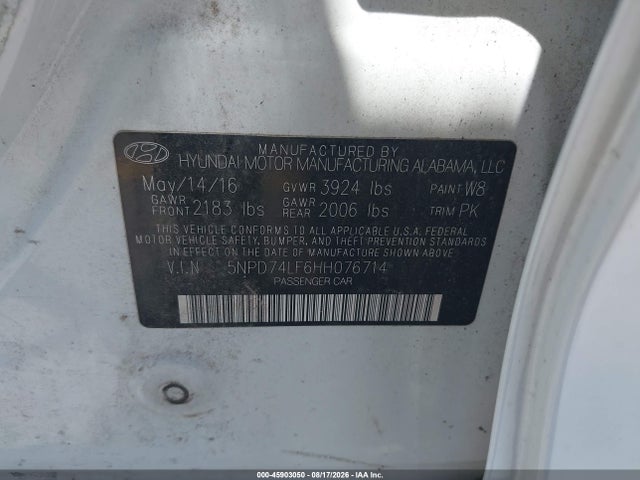 Продаж на аукціоні авто 2017 Hyundai Elantra Se, vin: 5NPD74LF6HH076714, номер лоту: 45903050