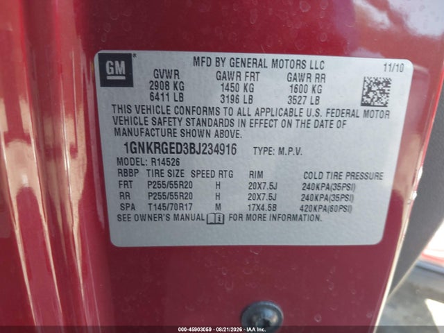 2011 Chevrolet Traverse Lt W/1lt მანქანა იყიდება აუქციონზე, vin: 1GNKRGED3BJ234916, აუქციონის ნომერი: 45903059