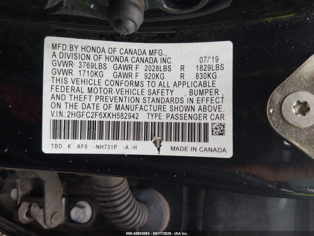 Продажа на аукционе авто 2019 Honda Civic Lx, vin: 2HGFC2F6XKH582942, номер лота: 45903063