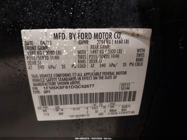 45903078 :رقم المزاد ، 1FM5K8F81DGC62677 vin ، 2013 Ford Explorer Limited مزاد بيع