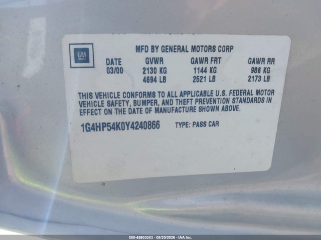 2000 Buick Lesabre Custom მანქანა იყიდება აუქციონზე, vin: 1G4HP54K0Y4240866, აუქციონის ნომერი: 45903083