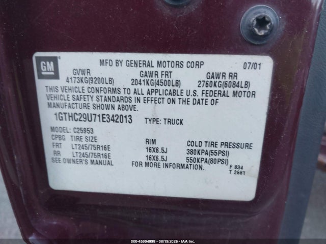 Aukcja sprzedaży 2001 Gmc Sierra 2500hd Sle, vin: 1GTHC29U71E342013, numer aukcji: 45904098