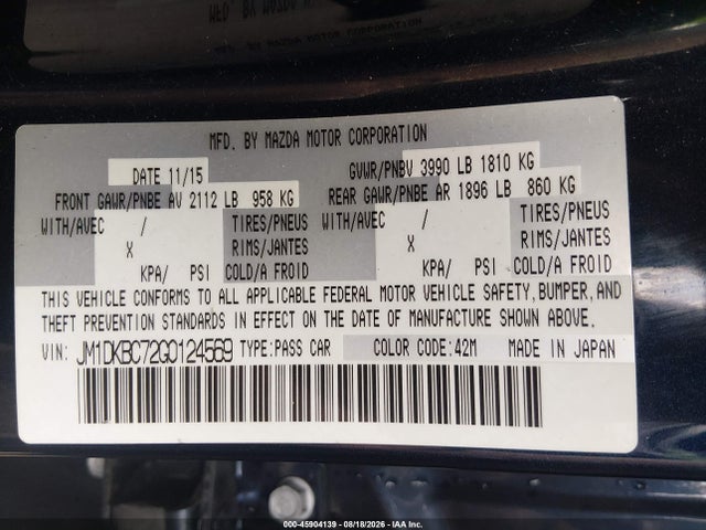 Aukcja sprzedaży 2016 Mazda Cx-3 Touring, vin: JM1DKBC72G0124569, numer aukcji: 45904139
