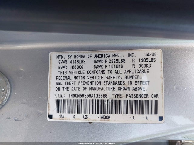 2006 Honda Accord 2.4 Se მანქანა იყიდება აუქციონზე, vin: 1HGCM56356A132689, აუქციონის ნომერი: 45904140