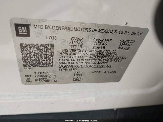 Auction sale of the 2019 Chevrolet Equinox Lt, vin: 3GNAXUEV6KL122581, lot number: 45904142