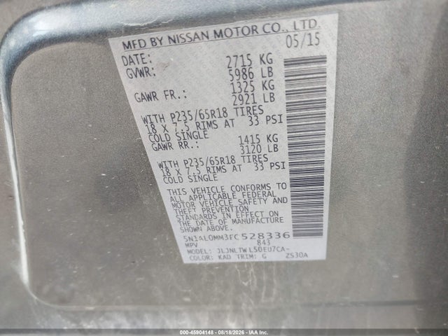 2015 Infiniti Qx60 მანქანა იყიდება აუქციონზე, vin: 5N1AL0MM3FC528336, აუქციონის ნომერი: 45904148