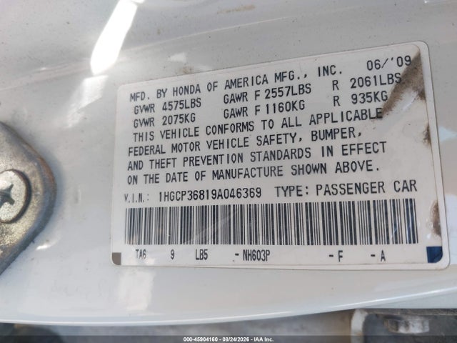 45904160 :رقم المزاد ، 1HGCP36819A046369 vin ، 2009 Honda Accord 3.5 Ex-l مزاد بيع