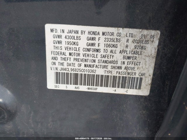 Продаж на аукціоні авто 2005 Acura Tsx, vin: JH4CL96825C010362, номер лоту: 45904170