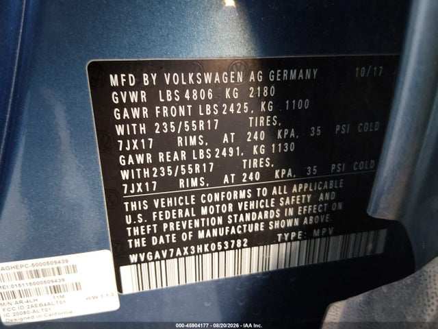 45904177 :رقم المزاد ، WVGAV7AX3HK053782 vin ، 2017 Volkswagen Tiguan 2.0t/2.0t S مزاد بيع