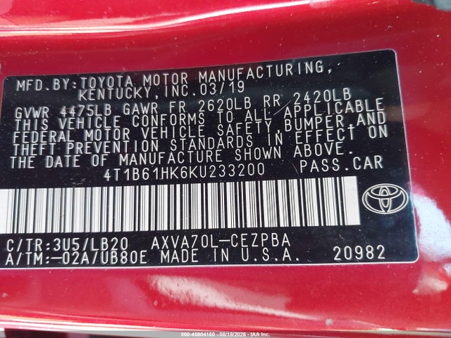 2019 Toyota Camry Xse მანქანა იყიდება აუქციონზე, vin: 4T1B61HK6KU233200, აუქციონის ნომერი: 45904180
