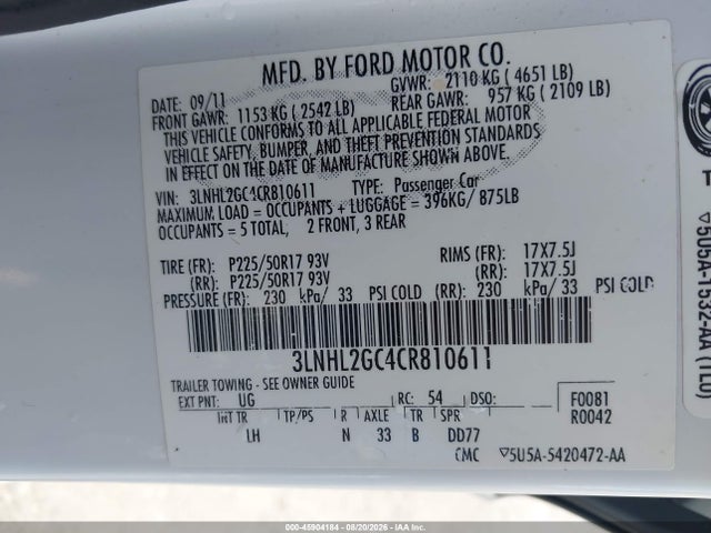 Продажа на аукционе авто 2012 Lincoln Mkz, vin: 3LNHL2GC4CR810611, номер лота: 45904184