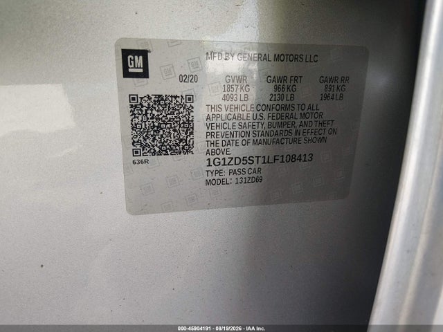 Aukcja sprzedaży 2020 Chevrolet Malibu Fwd Lt, vin: 1G1ZD5ST1LF108413, numer aukcji: 45904191