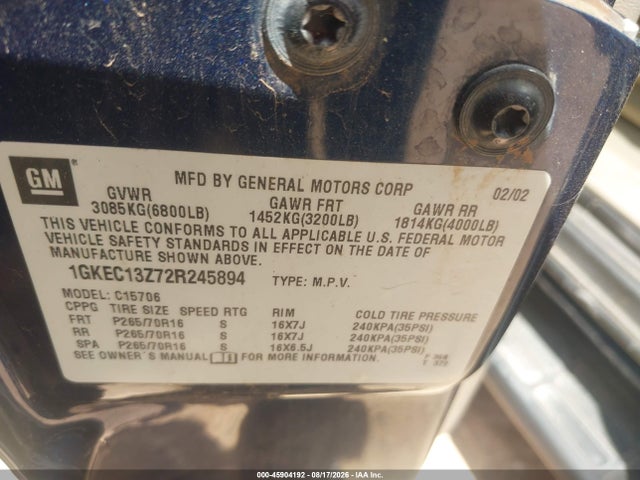 45904192 :رقم المزاد ، 1GKEC13Z72R245894 vin ، 2002 Gmc Yukon Slt مزاد بيع