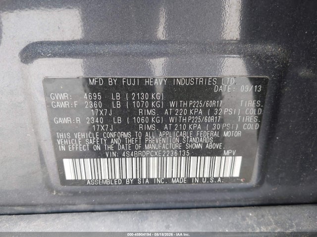 2014 Subaru Outback 3.6r Limited მანქანა იყიდება აუქციონზე, vin: 4S4BRDPCXE2236135, აუქციონის ნომერი: 45904194