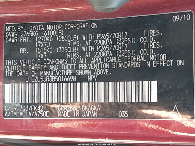 Продаж на аукціоні авто 2011 Toyota 4runner Sr5 V6, vin: JTEZU5JR3B5016698, номер лоту: 45904199