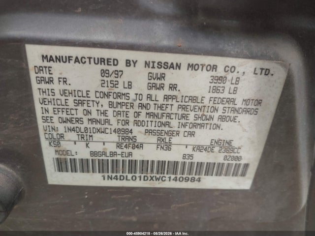 1998 Nissan Altima Gle/gxe/se/xe მანქანა იყიდება აუქციონზე, vin: 1N4DL01DXWC140984, აუქციონის ნომერი: 45904218