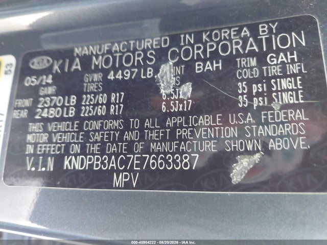 45904222 :رقم المزاد ، KNDPB3AC7E7663387 vin ، 2014 Kia Sportage Lx مزاد بيع