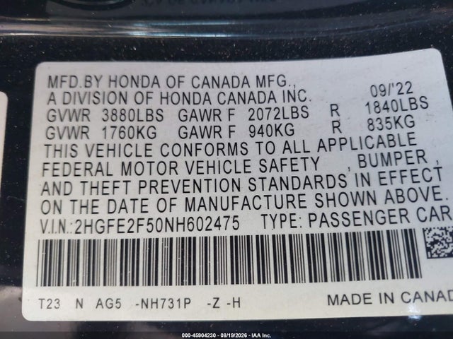 Honda Civic Sport 2022 2HGFE2F50NH602475 Image 9
