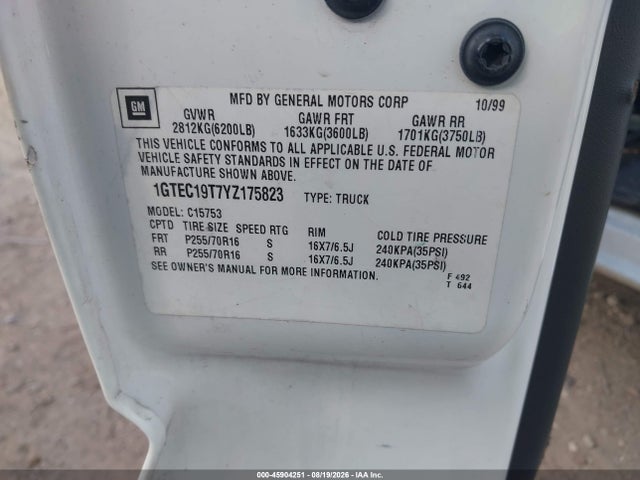 Aukcja sprzedaży 2000 Gmc Sierra 1500 Sle, vin: 1GTEC19T7YZ175823, numer aukcji: 45904251