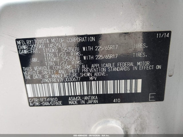 45904255 :رقم المزاد ، JTMZFREV7FJ030677 vin ، 2015 Toyota Rav4 Le مزاد بيع