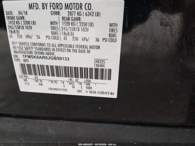 45904257 :رقم المزاد ، 1FM5K8AR0JGB59133 vin ، 2018 Ford Police Interceptor Utility مزاد بيع