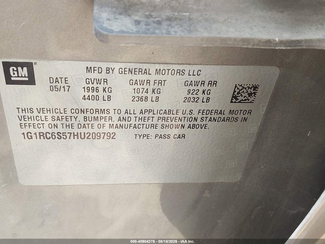 Продаж на аукціоні авто 2017 Chevrolet Volt Lt, vin: 1G1RC6S57HU209792, номер лоту: 45904276