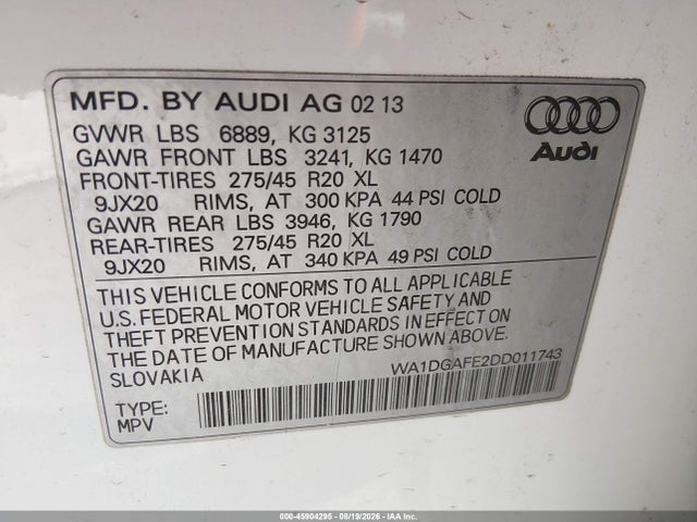 2013 Audi Q7 3.0t S Line Prestige მანქანა იყიდება აუქციონზე, vin: WA1DGAFE2DD011743, აუქციონის ნომერი: 45904295