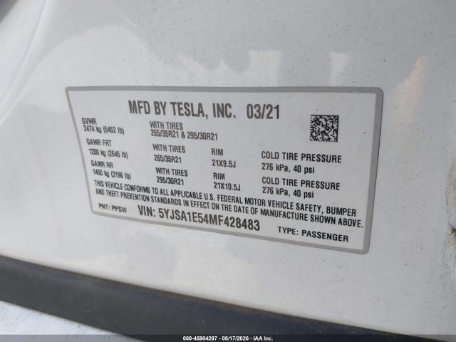45904297 :رقم المزاد ، 5YJSA1E54MF428483 vin ، 2021 Tesla Model S Long Range Dual Motor All-wheel Drive مزاد بيع