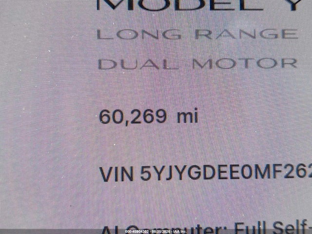 2021 Tesla Model Y Long Range Dual Motor All-wheel Drive მანქანა იყიდება აუქციონზე, vin: 5YJYGDEE0MF262618, აუქციონის ნომერი: 45904302