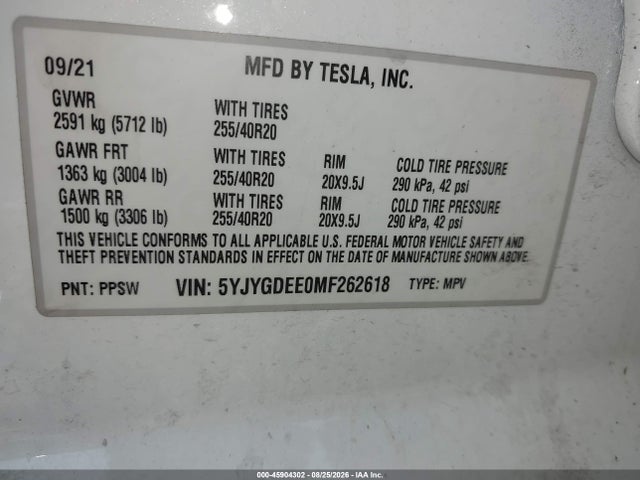 2021 Tesla Model Y Long Range Dual Motor All-wheel Drive მანქანა იყიდება აუქციონზე, vin: 5YJYGDEE0MF262618, აუქციონის ნომერი: 45904302