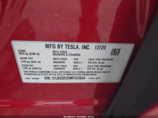 Aukcja sprzedaży 2021 Tesla Model X Long Range Dual Motor All-wheel Drive/long Range Plus Dual Motor All-wheel Drive, vin: 5YJXCDE20MF323804, numer aukcji: 45904315