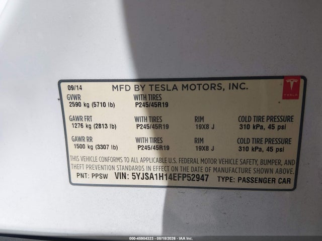 Aukcja sprzedaży 2014 Tesla Model S P85, vin: 5YJSA1H14EFP52947, numer aukcji: 45904323