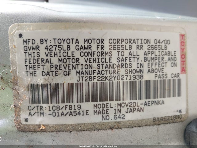 45904332 :رقم المزاد ، JT2BF22K2Y0271938 vin ، 2000 Toyota Camry مزاد بيع