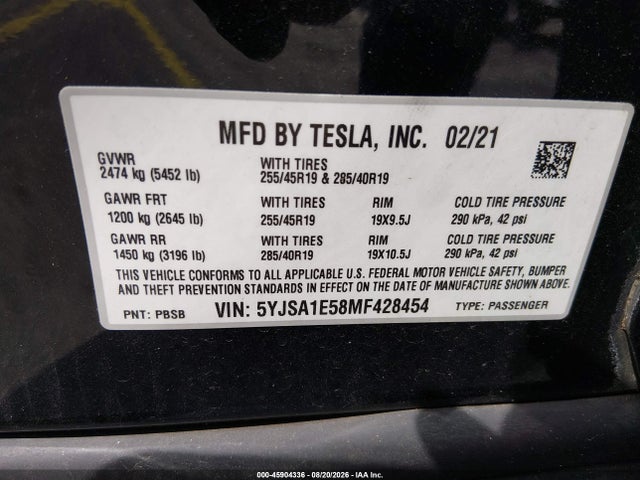 Aukcja sprzedaży 2021 Tesla Model S Long Range Dual Motor All-wheel Drive, vin: 5YJSA1E58MF428454, numer aukcji: 45904336