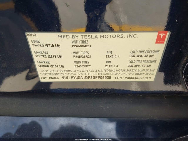 45904343 :رقم المزاد ، 5YJSA1DP8DFP06935 vin ، 2013 Tesla Model S Performance مزاد بيع