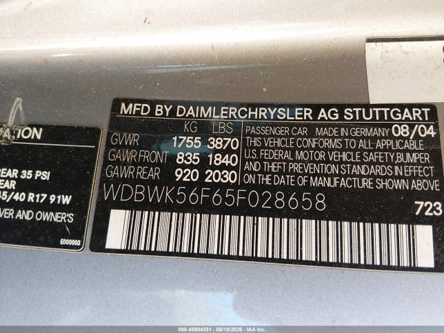 45904351 :رقم المزاد ، WDBWK56F65F028658 vin ، 2005 Mercedes-benz Slk 350 مزاد بيع