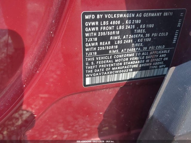 45904366 :رقم المزاد ، WVGAV7AX8CW002215 vin ، 2012 Volkswagen Tiguan Se مزاد بيع