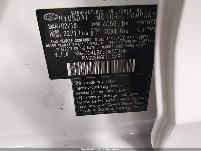 Aukcja sprzedaży 2018 Hyundai Elantra Sport, vin: KMHD04LB6JU657106, numer aukcji: 45904371