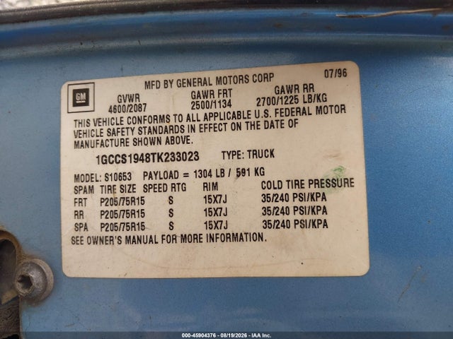 Продаж на аукціоні авто 1996 Chevrolet S Truck S10, vin: 1GCCS1948TK233023, номер лоту: 45904376