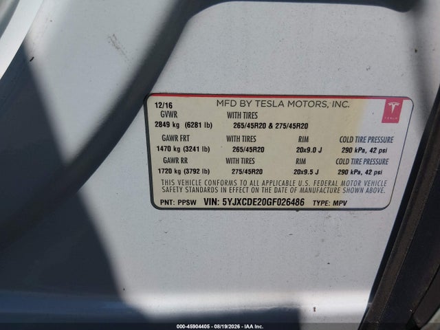 45904405 :رقم المزاد ، 5YJXCDE20GF026486 vin ، 2016 Tesla Model X مزاد بيع