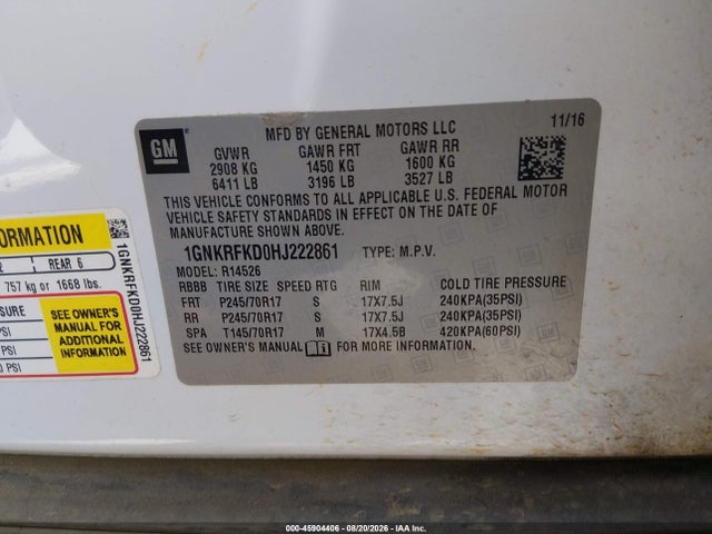 45904406 :رقم المزاد ، 1GNKRFKD0HJ222861 vin ، 2017 Chevrolet Traverse Ls مزاد بيع
