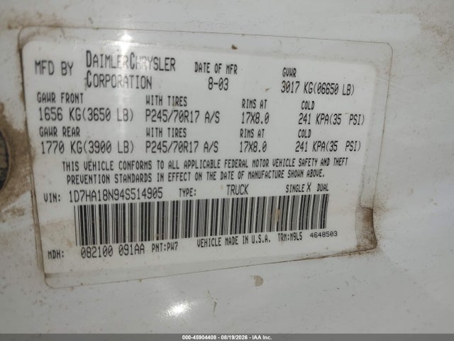 Продажа на аукционе авто 2004 Dodge Ram 1500 Slt/laramie, vin: 1D7HA18N94S514905, номер лота: 45904408