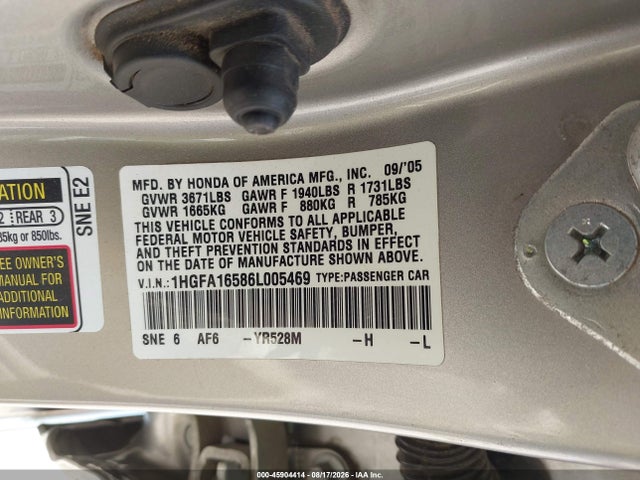 2006 Honda Civic Lx მანქანა იყიდება აუქციონზე, vin: 1HGFA16586L005469, აუქციონის ნომერი: 45904414