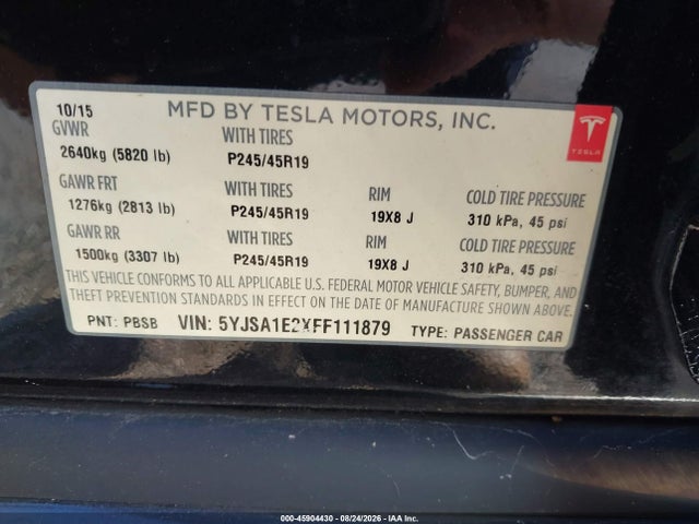 Продажа на аукционе авто 2015 Tesla Model S 70d/85d/p85d, vin: 5YJSA1E2XFF111879, номер лота: 45904430
