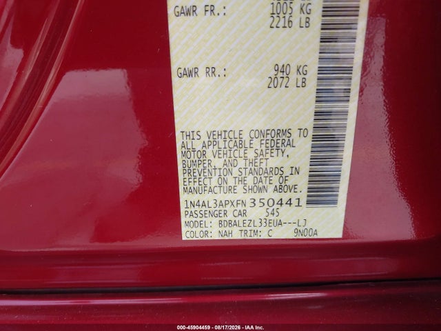 45904459 :رقم المزاد ، 1N4AL3APXFN350441 vin ، 2015 Nissan Altima 2.5 S مزاد بيع